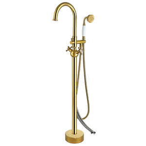 Freestanding Bath Taps, 2 Mode Water Outlets Floor Mounted Bathtub Tap with Handheld Shower, 360° Swivel Spout Bath Taps Cold and Hot Water Vintage Brushed Gold Bathroom, Taps(B)