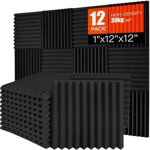 Acoustic Foam Panels 12 Pack 1" x 12"x 12" High Density Soundproofing Wedges for Wall Sound Proof Foam Panels Noise Absorbing Blocker and Sound-Damping Black Perfect for Studio Office Gaming Room