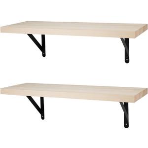 2Sets 24Inch Floating Shelves for Wall-Natural Wood Floating Shelves for Books Living Room Bedroom Bathroom Kitchen, Natural Wood Color
