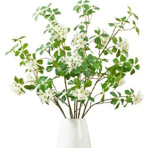 Heleze 3 PCS 43.3 Inch Artificial Greenery Stems Fake Branches with Leaves for Vase Faux Plants Silk Flowers for Home Decor Indoor Serenity Blossoms White