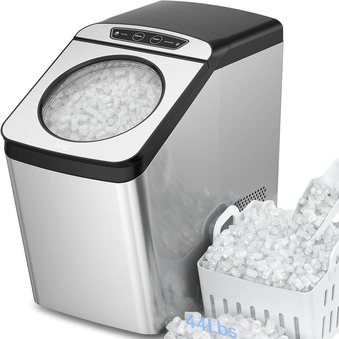WIE Nugget Ice Maker Countertop, 44 lbs in 24 Hours, Pellet Ice Maker Machine with Self-Cleaning, 0.75 Gallon Tank & Scoop Water Line, Crushed Pebble Ice Makers for Home/Office/Bar/Party, Silver