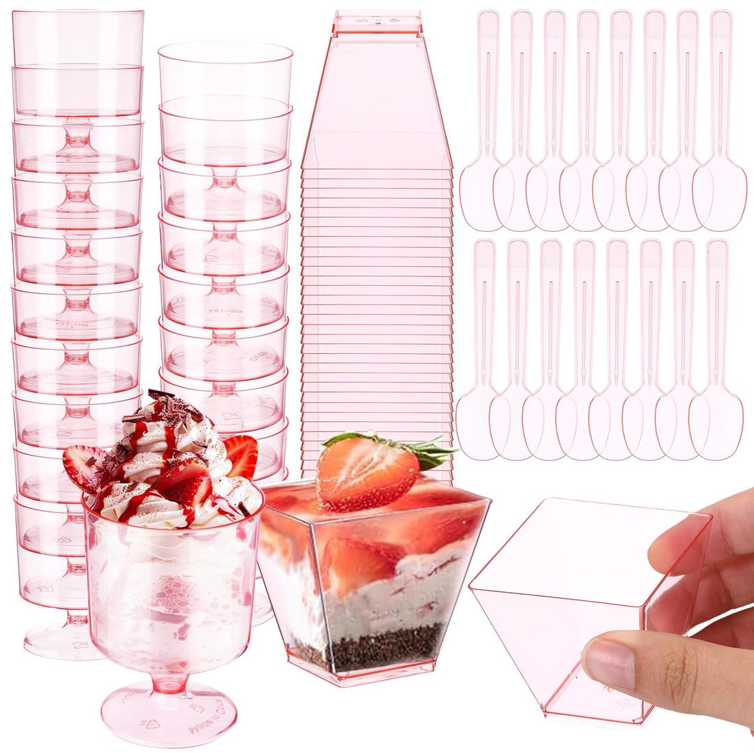 Funnymoom 100 Pack 2oz Mini Dessert Cups with Spoons Small Clear Plastic Dessert Parfait Cup Square Appetizer Pudding Cups Round Goblet Shooters for Pudding Fruit Yogurt Ice Cream Mousse (Pink)