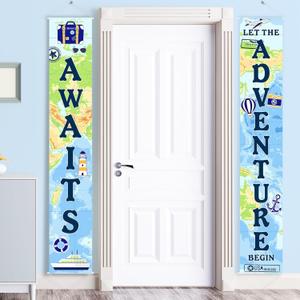 Adventure Awaits Bon Voyage Banner Garland Party Decoration Set Travel Themed Porch Sign Adventure for Indoor/Outdoor Retirement Moving Relocation Travel Wedding Bachelorette Party Decorations (Blue)