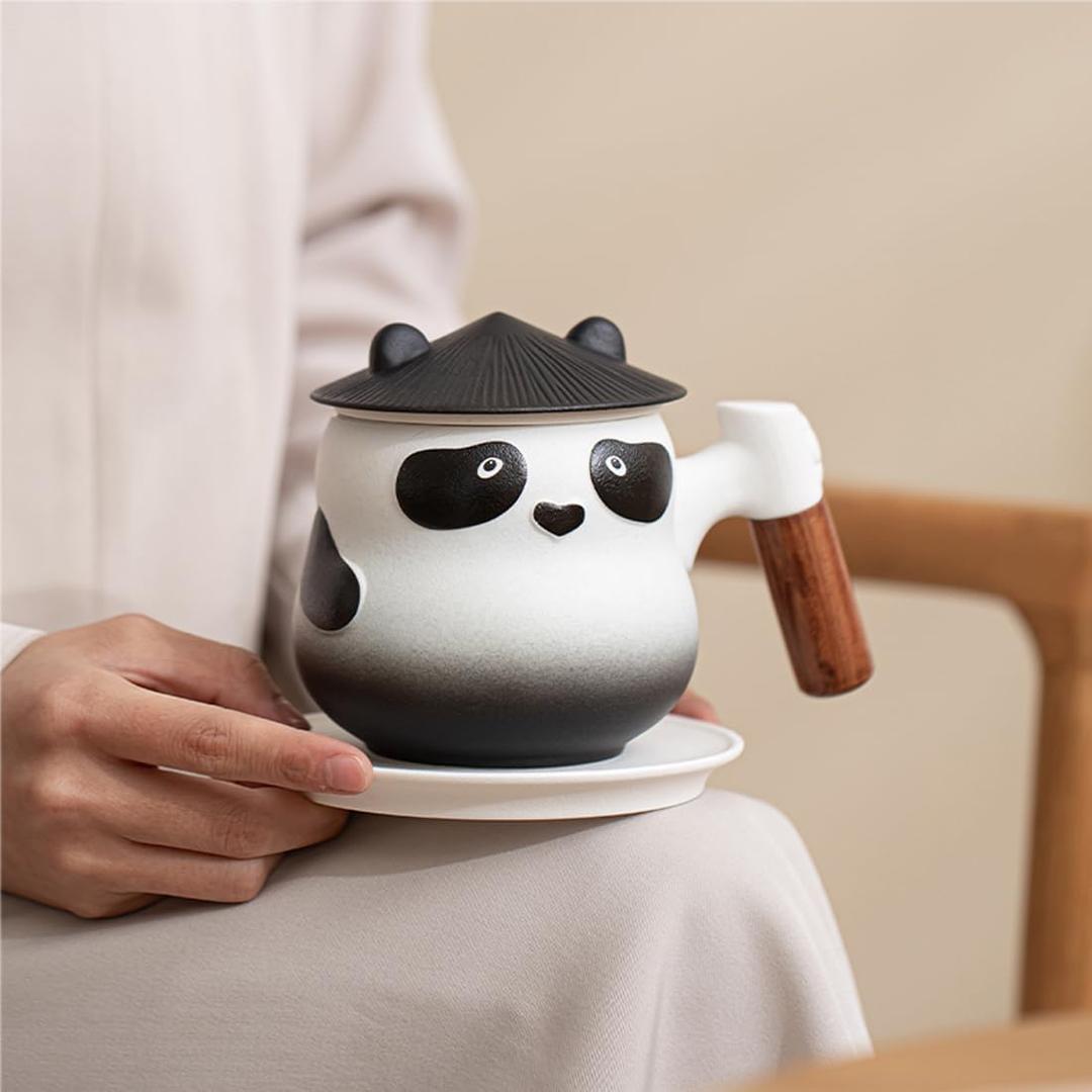 Chinese Panda Porcelain Tea Cup with Infuser Lid and Saucer Tea Mugs Wooden Handle 11oz, Ceramics ffee Mug Teacup Loose Leaf Tea Brewing Syem for Home Office