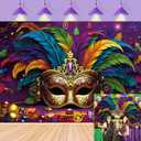 Mardi Gras Backdrop Purple Gold Colorful Feather Mask Carnival Masquerade Dancing Party Photography Background Adults Kids Dress-Up Prom Birthday Decorations Banner Supplies Props (7x5FT)