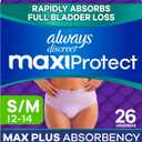 Always Discreet MaxiProtect Adult Diapers for Women, Incontinence Underwear, Scented, Postpartum Essentials, Bladder Leak Protection, Disposable Briefs, Maximum Plus Absorbency, Size S/M, 26 Count