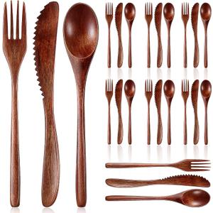Geiserailie 24 Pcs Wooden Utensils for Eating Wooden Spoon Fork Knife Cutlery Set Kitchen Wood Dinner Flatware Tableware Set Includes Spoon, Fork, Knife (Phoebe Wood)