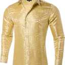 DiBanGu Silk Mens Dress Shirts,Woven Paisley Long Sleeve Button Down Shirt for Men Casual Regular Fit Shirts Wedding Party (Large, Champagne)