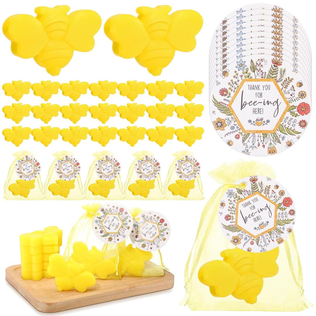 50 Sets Bee Themed Soap Bulk Baby Shower Return Gifts Including Mini Bee Handmade Soaps with Thank You Tags and Organza Bags Gender Reveal Party Favor for Guests Birthday Decorations