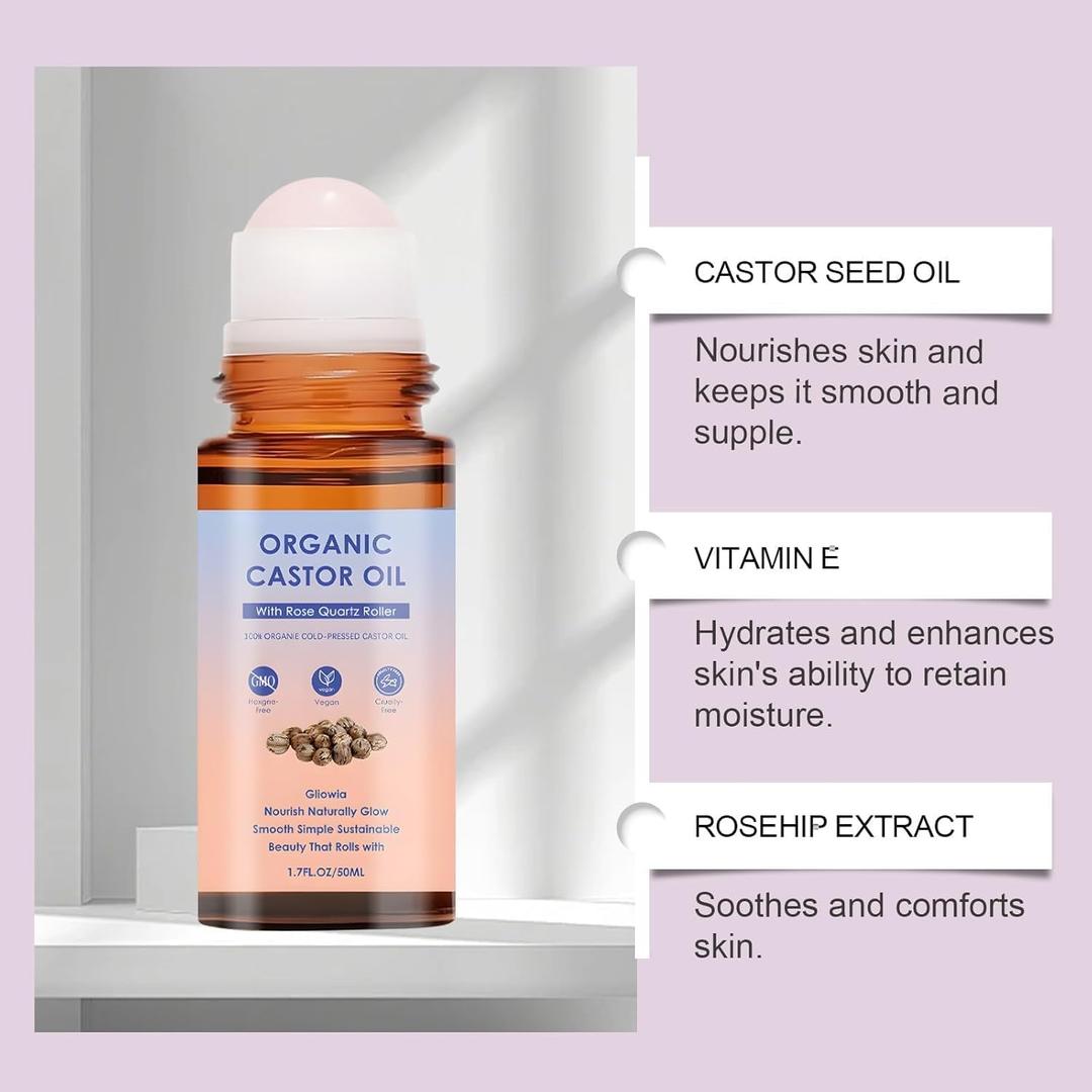 Organic Castor Oil with Rose Quartz Roller, Organic Castor Oil Roll On, Natural Ingredients, Gently Nourishes Skin, Deep Hydration & Smoothing, Suitable for All Skin Types (1pc)