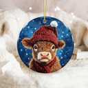 3 x Highland Cow Christmas Ornament 2025  Cute Farm Animal Ceramic Ornament with Red Hat & Scarf, Rustic Farmhouse Country Christmas Tree Decoration, Cow Lover Gift, Holiday Keepsake Ornament