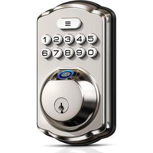 Veise Fingerprint Door Lock, Keyless Entry, Auto Lock, Electronic Keypad Deadbolt for Front Door, Biometric, Anti-Peeking Password, Easy Install, Satin Nickel