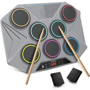 Electronic Tabletop Drum Set, Portable Digital Drum Kit 7 Velocity Sensitivity Drum Pads, LED Music Level Light, USB-MIDI Mac & PC Support, Ideal Gift for Adult and Beginners
