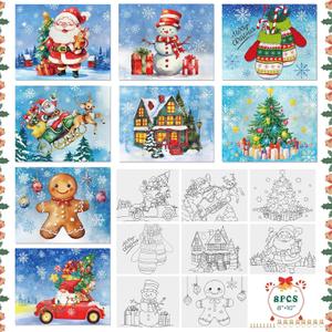 Cinpode Christmas Pre Drawn Canvas to Paint for Adults Kids - 8x10 Inches Pre Printed Framed Canvases Set for Sip and Paint Party, Pre Sketched Canvas for DIY Craft, Home Decors