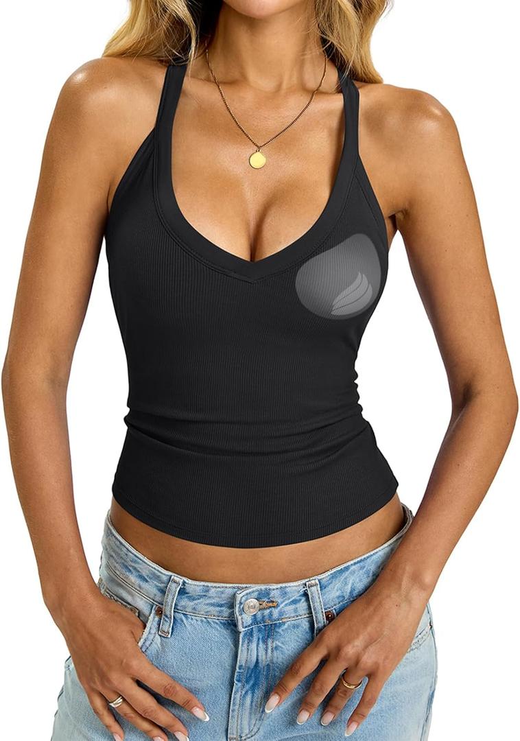 EasyGala Womens Built in Shelf Bra Racerback Tank Tops Padded Ribbed Halter Strap T Shirts Slim Fitted Sexy V Neck Tee, Black, Large
