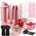 100 Pack 3.5oz Valentine's Day Cake Pans with Dome Lids and Spoons Aluminum Foil Mini Round Baking Cups with Lids Disposable Ramekins Cake Pans Dessert Cups for Wedding Birthday Party
