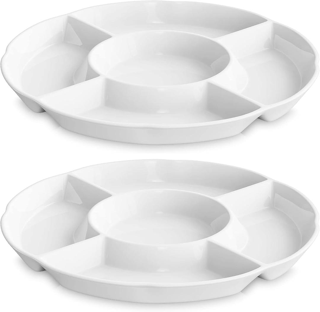LAUCHUH Veggie Tray Set of 2, Porcelain Chip & Dip Serving Set Divided Serving Platter White Serving Tray for Mother's Day Party, Fruits, Veggies, Candy, Snack, Dessert, 12 inch