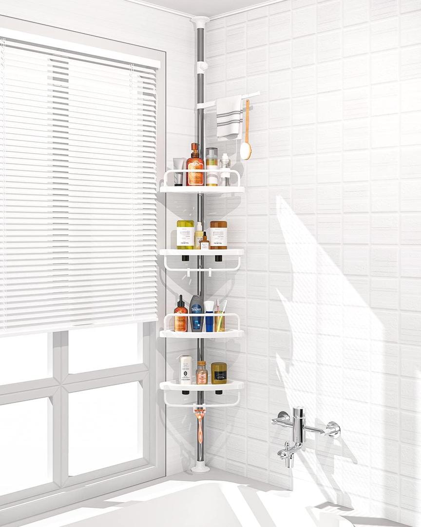 ADOVEL 4 Layer Corner Shower Caddy, Adjustable Shower Shelf, Constant Tension Stainless Steel Pole Organizer, Rustproof 3.3 to 9.8ft (White)