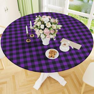 Smiry Round Picnic Tablecloth, Elastic Waterproof Fitted Vinyl Tablecloths for 57"-68" Tables, Flannel Backed Buffalo Plaid Table Cover for Dining, Camping, Outdoor, Black and Purple