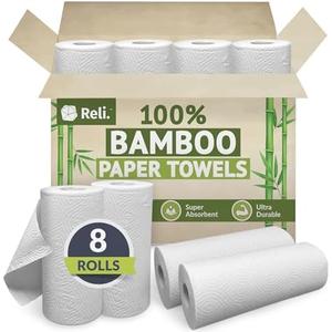Reli. Bamboo Paper Towels (8 Pack) | Paper Towels Rolls 2 Ply | 75 Sheets/Roll, Full Size Sheets | Unbleached, Organic Rolls for Kitchen, Bathroom | 100% Bamboo