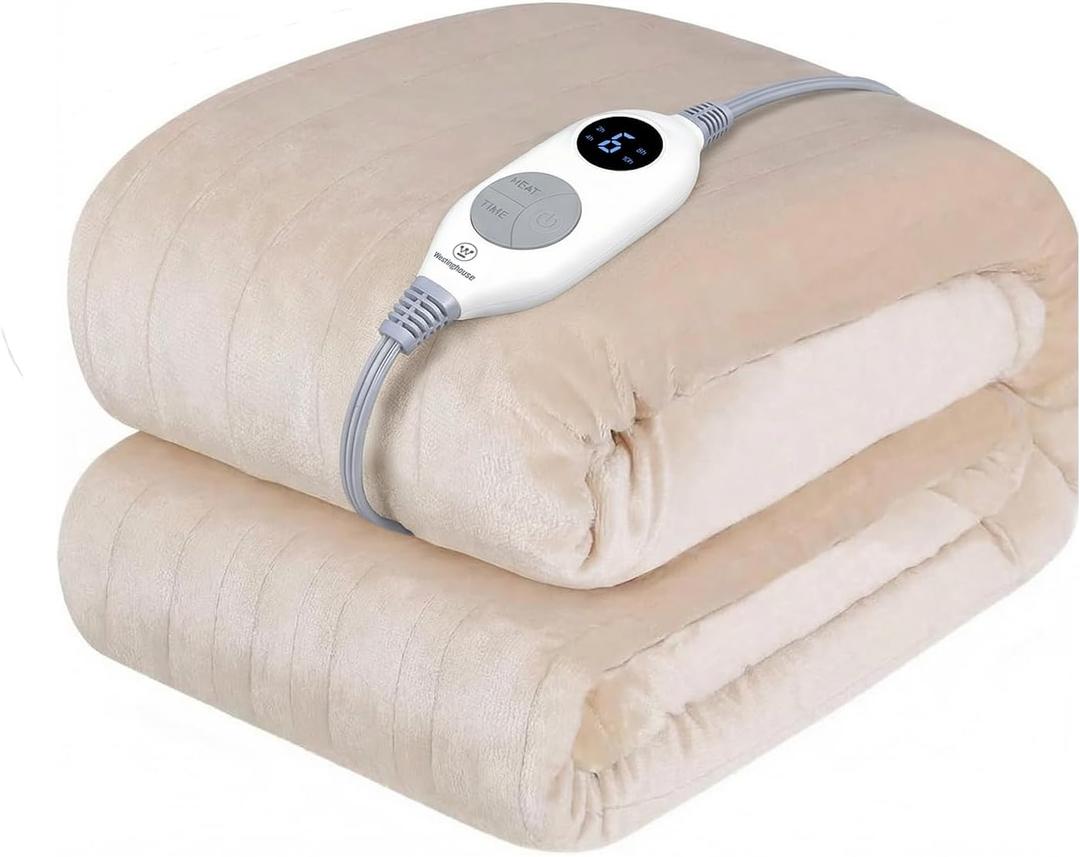 Westinghouse Electric Blanket Heated Throw, Super Cozy Soft Flannel 50"" x 60"" Heated Throw with 6 Fast Heating Levels & 2-10 Auto-Off, Machine Washable, ETL&FCC Certification, Home Office Use, Beige