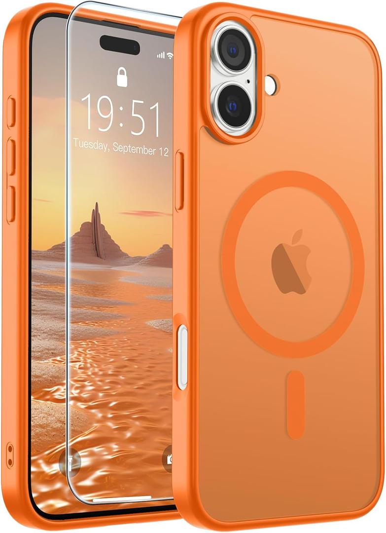 SUPFINE Magnetic for iPhone 16 Plus Case with Screen Protector (Compatible with MagSafe) (Military Grade Drop Protection) Translucent Matte Shockproof Phone Cover,Starry Orange