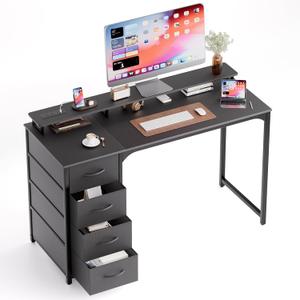 47-inch Computer Desk with 4 Drawers, LED Light and Charging Station, Home Office Desk with Storage Shelf, Black