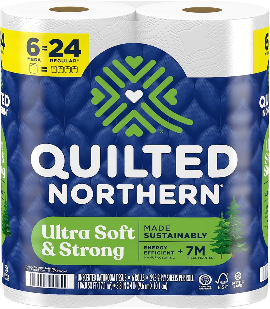 Quilted Northern Ultra Soft & Strong Toilet Paper, 6 Mega Rolls = 24 Regular Rolls, 5X Stronger*, Premium Soft Toilet Tissue with Recyclable Paper Packaging