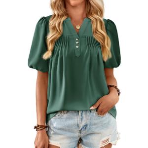Womens Summer Tops Lantern Short Sleeve V Neck Blouses Dressy Casual Loose Fit Button Down Shirt for Women (Green, XL)