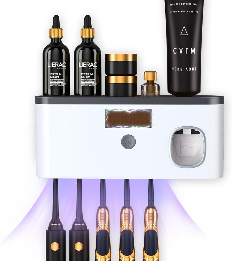 Wall Mounted Toothbrush Holder with Toothpaste Dispenser Electric Toothbrush Holder for Bathroom Solar Charging and No Drilling Required Smart Toothbrush Organizer with 5 Brush Slots (White - Black Top)