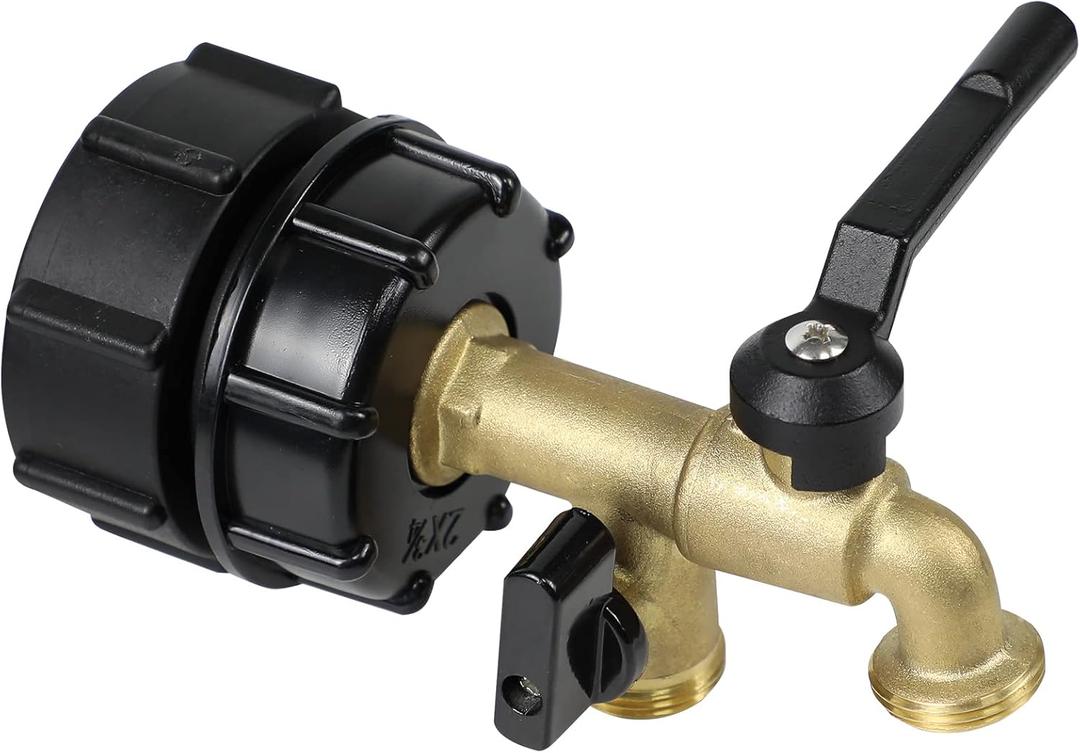 275-330 Gallon IBC Tote Water Tank Adapter, 2 in 1 Double Faucets 2.36" Coarse Thread+ 2.36"Fine Thread IBC Tote Valve Fittings Brass Hose Faucet Garden Hose Connector Replacement Parts