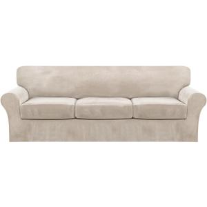 FantasDecor 4 Piece Sofa Velvet Couch Covers for 3 Cushion Stretch Slipcover with Individual Seat Cushion Elastic Furniture Protector for Pets, Machine Washable (Large Sofa, French Oak)