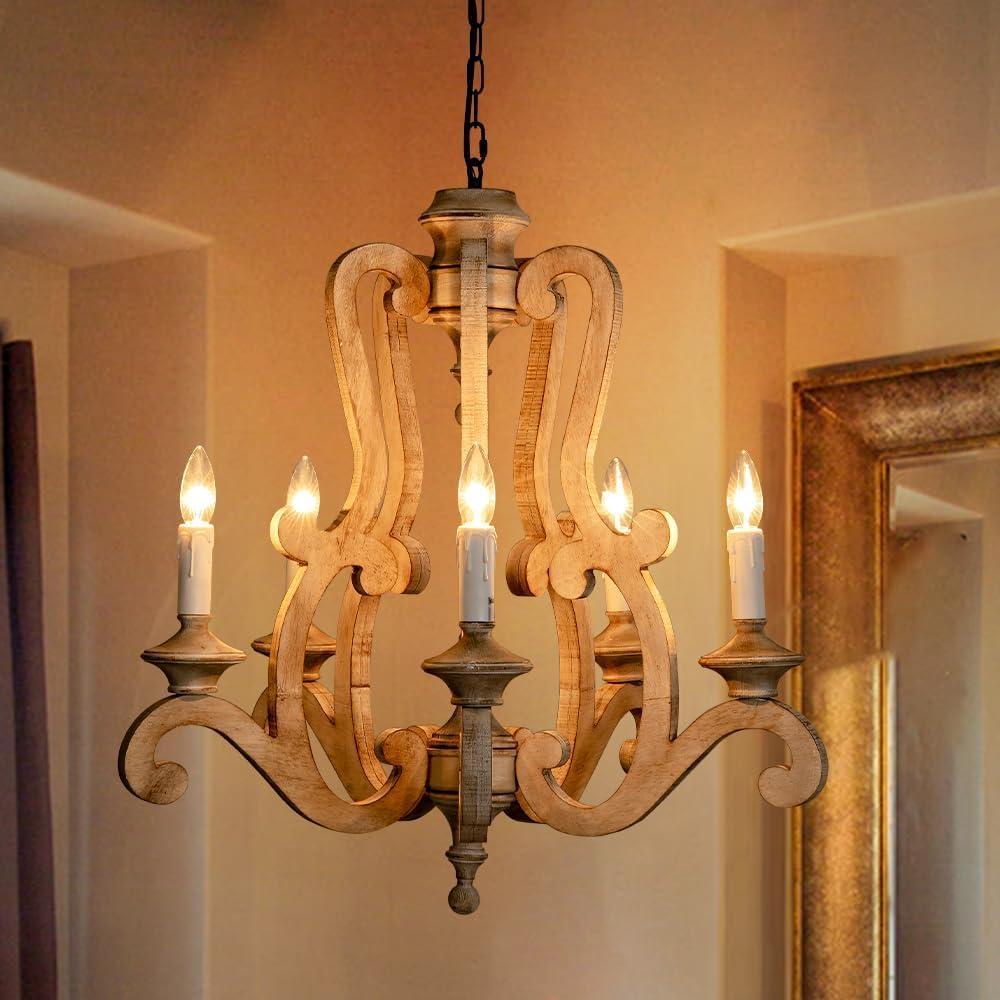 Sedelan Farmhouse Chandelier, Wood Chandeliers for Dining Room, French Farmhouse Chandelier 5-Light Candle Wooden Chandelier for Bedroom, Rustic Lighting for Entryway Living Room, E12