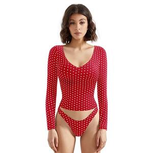 SUUKSESS Women Double Lined V Neck Going Out Crop Long Sleeve Tank Top Casual Fitted Slim Trendy Cute Basic Y2k Outfit Tops Shirts Fall Winter 2025(Red Polka Dots,S)