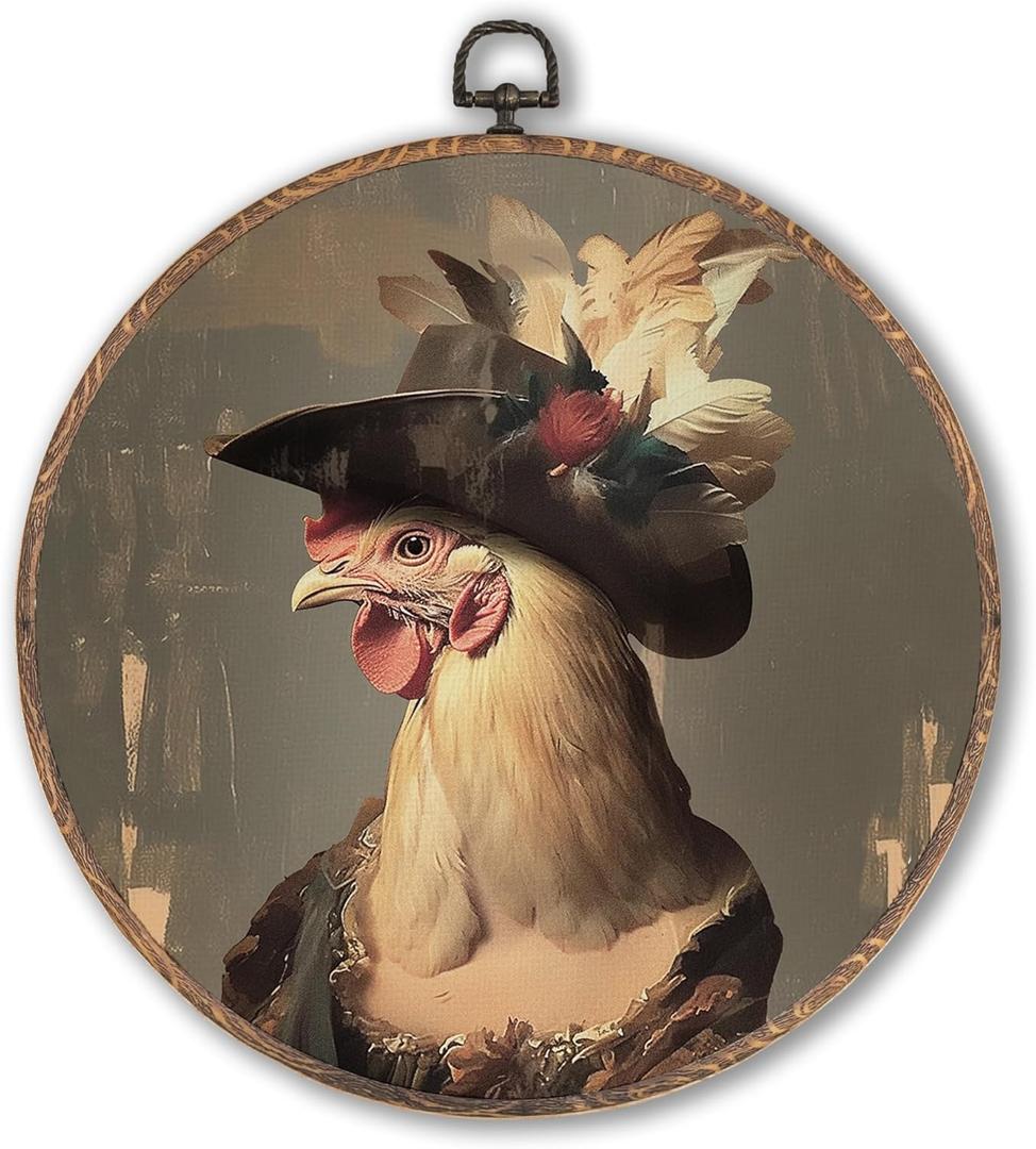 Whimsical Chicken Round Wall Art Framed, Dark Moody Rooster Round Wall Decor, Rustic Farm Animal Chicken Hanging Canvas Prints Wall Sculptures for Kitchen Bedroom Living Room Decor, 10x10 Inch