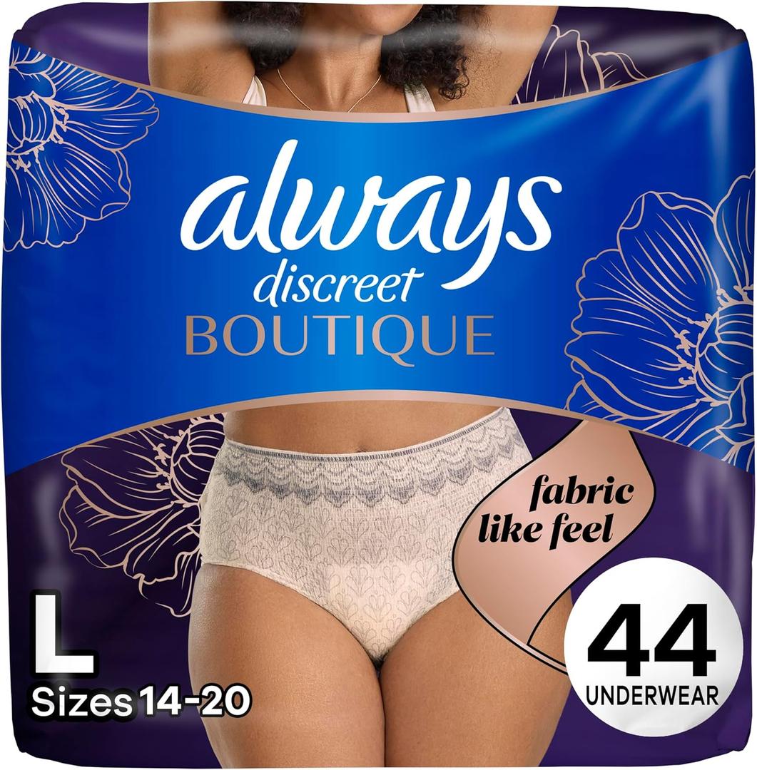 Always Discreet Boutique Incontinence and Postpartum Underwear for Women, Maximum Protection, Large, Rosy, 44 Count (2 Packs of 22)