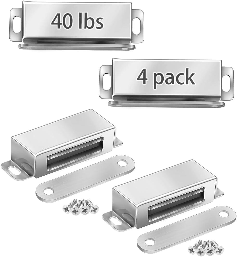 Onarway Magnetic Door Catch 40 lbs Pull Strong Magnet Cabinet Latches Magnetic Hardware Stainless Steel Chrome Door Closer for Bathroom Kitchen Sliding Door Window Cupboard (4 Pack-Strength 20KG) (Silver)