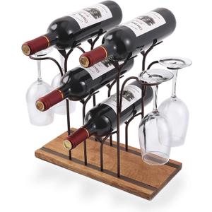 Tabletop Wood Wine Holder, Countertop Wine Rack, Hold 4 Wine Bottles and 4 Glasses, Perfect for Home Decor & Kitchen Storage Rack, Bar, Wine Cellar, Cabinet, Pantry, etc, Wood & Metal (Bronze)