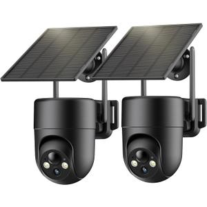 Security Cameras Wireless Outdoor, 2K Color Night Vision, Solar Camera Outdoor Wireless for Home Security, 360Panoramic View, Weatherproof, 2.4GHz WiFi, 2pack (Black)