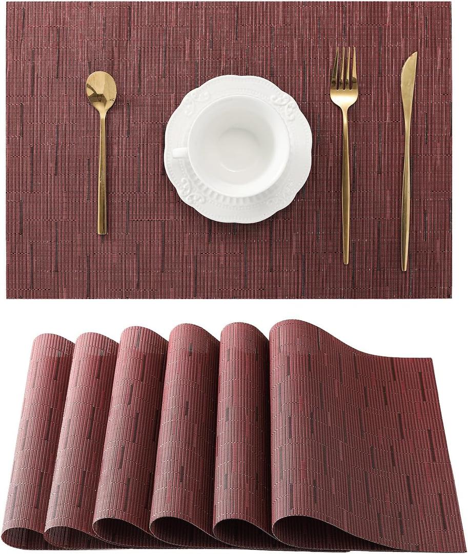 Leetaltree Burgundy Placemats Set of 6 - Heat Resistant Non-Slip Place mats for Dining Table, Washable Durable PVC Vinyl Woven Table MatsBurgundy, 6