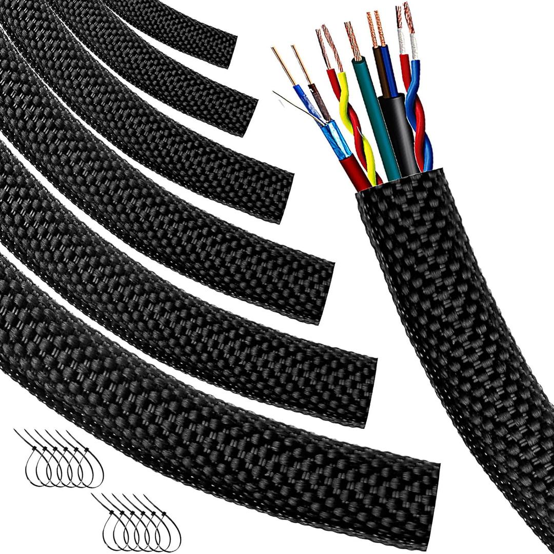 Automotive Wire Loom High Temperature Braided Wire Loom, Split-Sleeve Heat Resistant Wiring Loom Cord Cover for Harness Wires, Self-Wrapping Heavy Duty Sheathing Cable Management Black20ft-1inch
