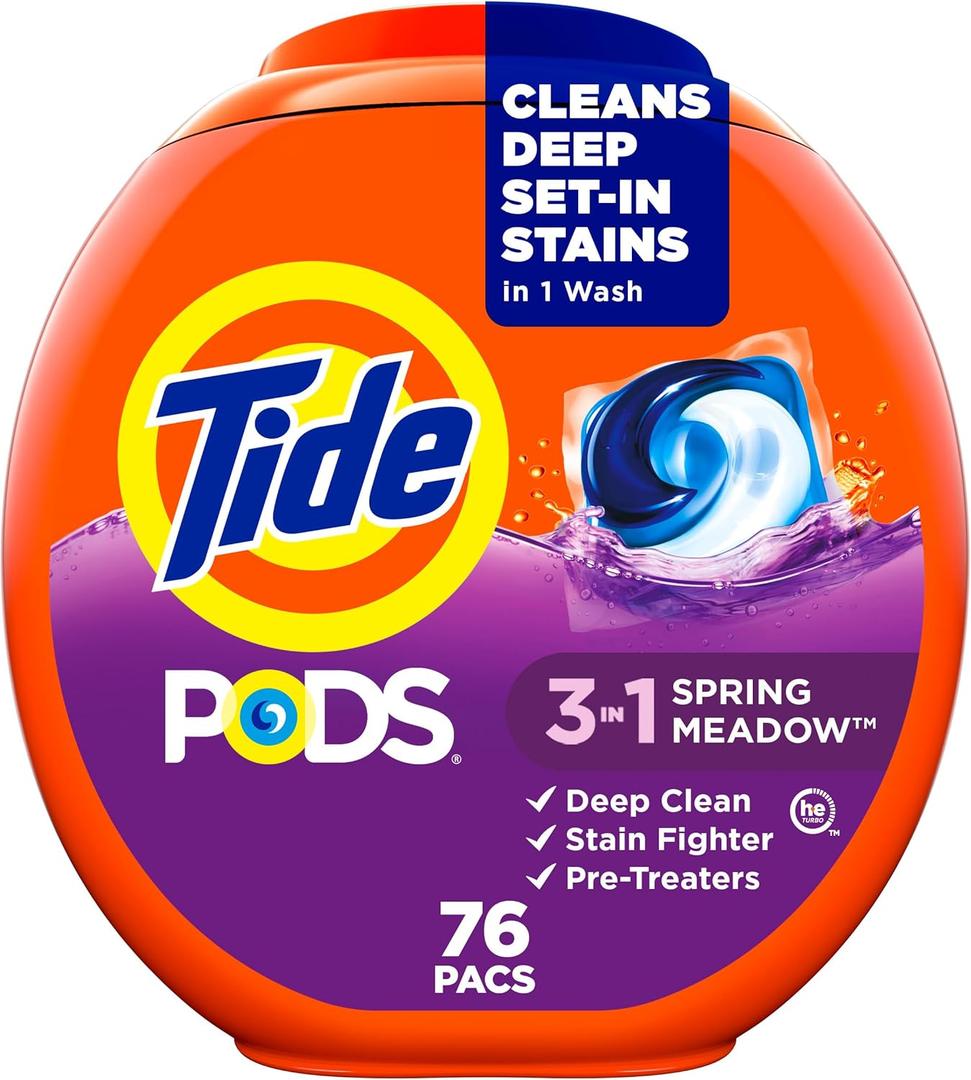 Tide PODS laundry detergent pacs, 3-in-1 Stain Remover, Odor Fighter, Color Protector, 76 Count, HE compatible, Spring Meadow Scent