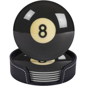 Black 8 Billiard Coasters for Drinks with Holder Round Leather Coasters Set of 6 Cups Mugs Mat Pad for Home Kitchen Bar