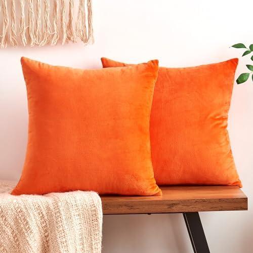 GriNeed Fall Orange Throw Pillow Covers Decorative Velvet Set of 2 18x18 Inch Pillow Covers, Soft Burnt Orange Pillowcases for Couch Sofa Bed Living Room, Farmhouse Boho Decor, Accent Cushion Covers