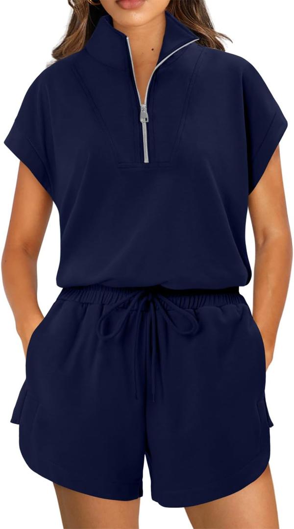 KISSMODA Two Piece Sets for Women Sweatsuit Casual Tracksuits Short Sleeve Tops and Shorts 2025 Lounge Outfits (Blue, L)
