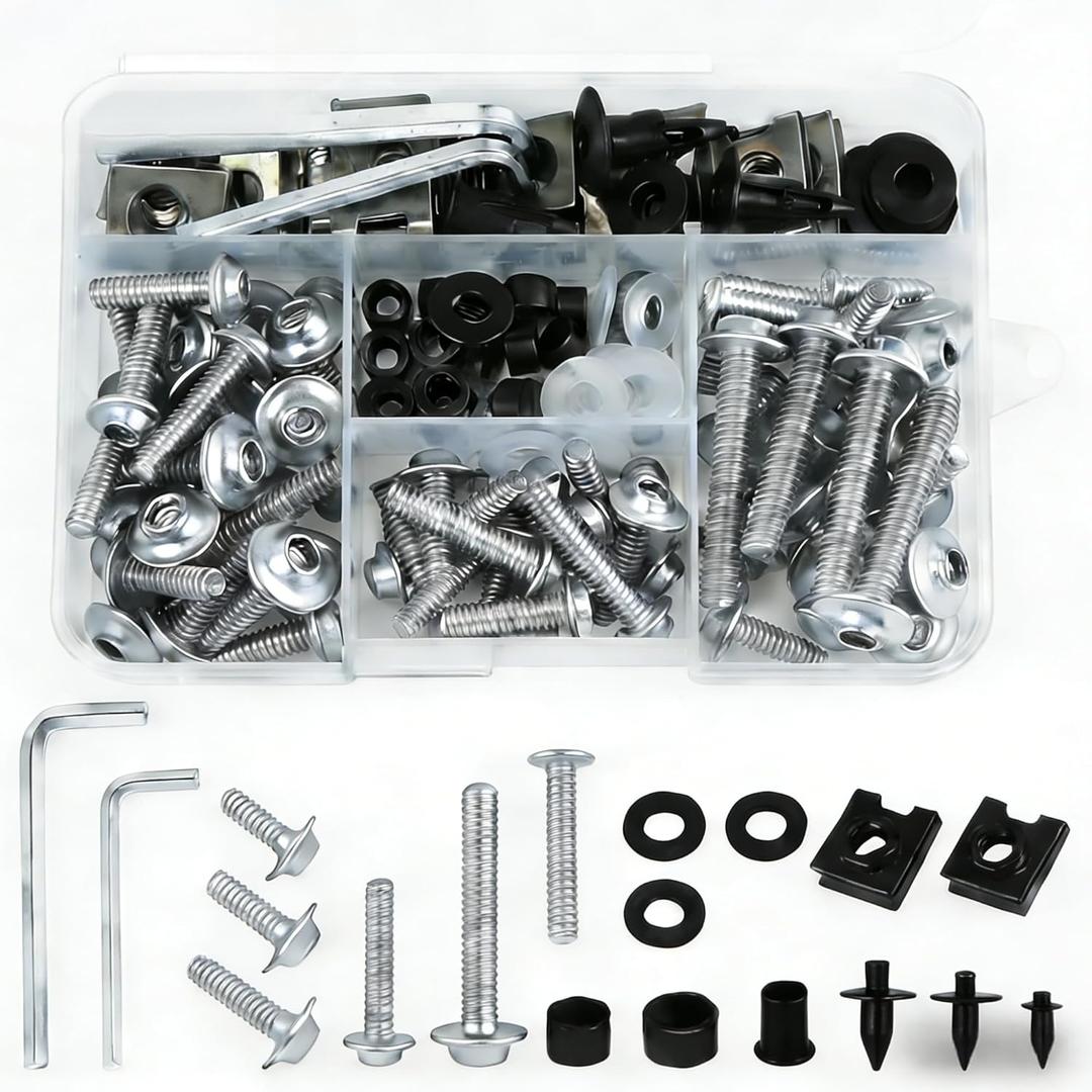 Motorcycle Fairing Bolt Kit, 195Pcs Stainless Steel M5 M6 Windscreen Screws Fastener Clips Universal Fit for Kawasaki Suzuki GSXR Honda Ducati Yamaha BMW Motorcycle Sportbike, Silver