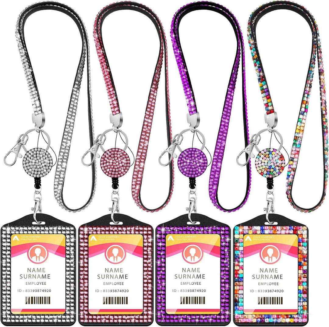 HUSUM 4 Sets Rhinestone Lanyard Sparkling ID Card Holder Crystal Retractable Badge Reel Rhinestone Neck Lanyard Card Holder with Metal Clasp and Key Ring for Women Nurse Teacher, 4 Colors (Vertical)