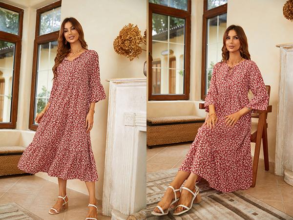 Vishow Floral Flowy Swing Fall Casual Long Dress XL