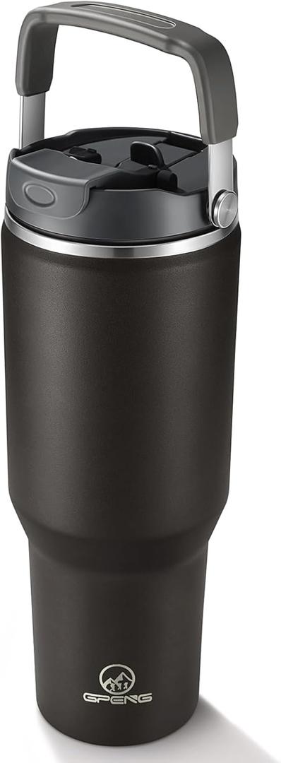 Gpeng 40 oz Tumbler with Handle, Water Bottles with Straw Lid, Insulated Stainless Steel Travel Mug Cup Holder Friendly, Keep Drinks Cold or Hot for 48+ Hours