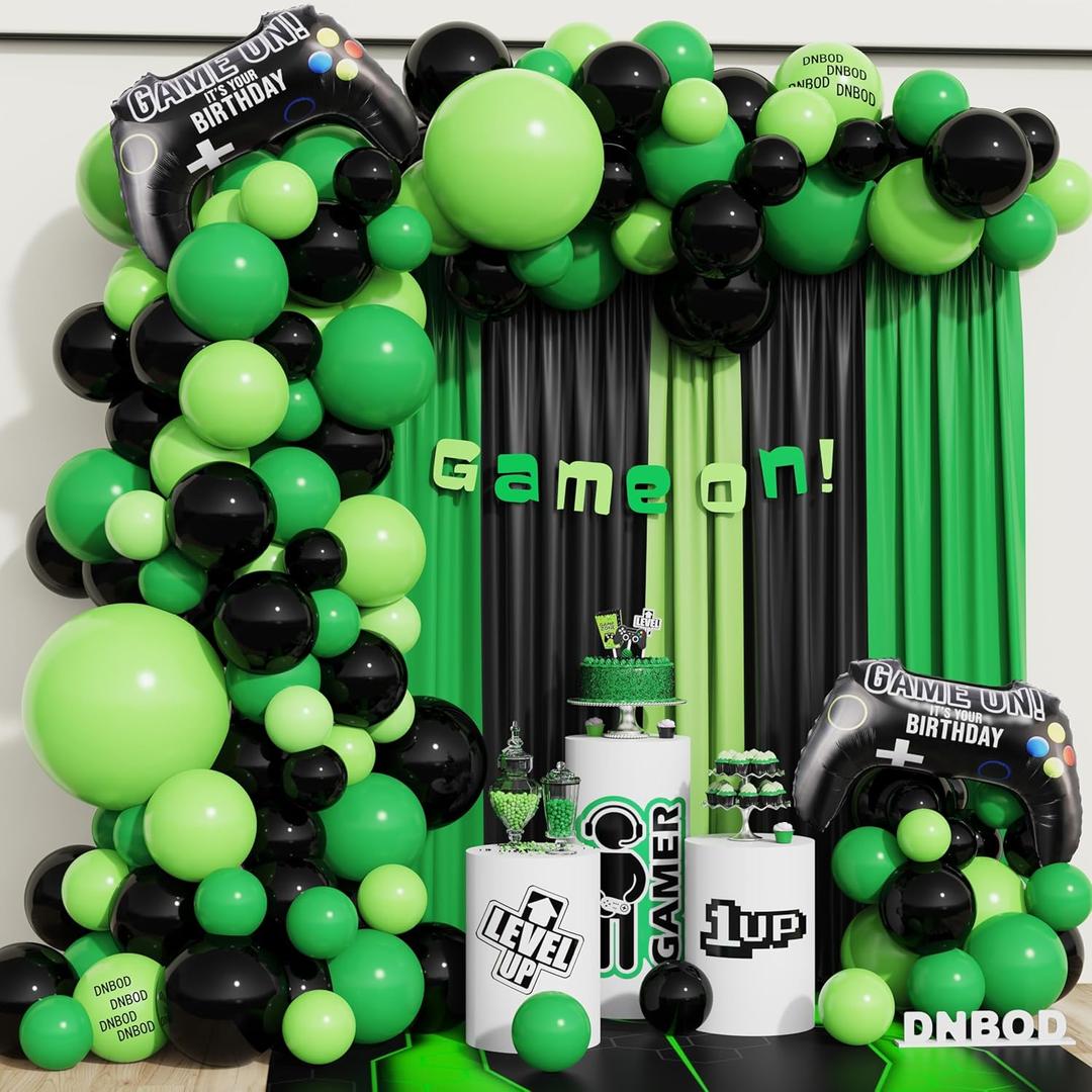 Video Game Birthday Party Balloon Arch  Green Black Game Theme Balloon Garland Kit for Boys Game On Birthday Party Level Up Baby Shower Party Decorations with Gamepad Foil Balloons